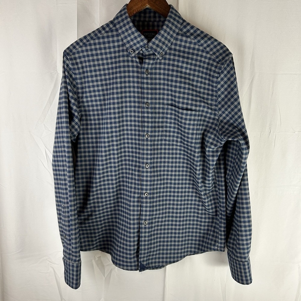Untuckit Bergstrom Button Down Shirt Mens Medium Blue‎ Gray Gingham Long Sleeve
